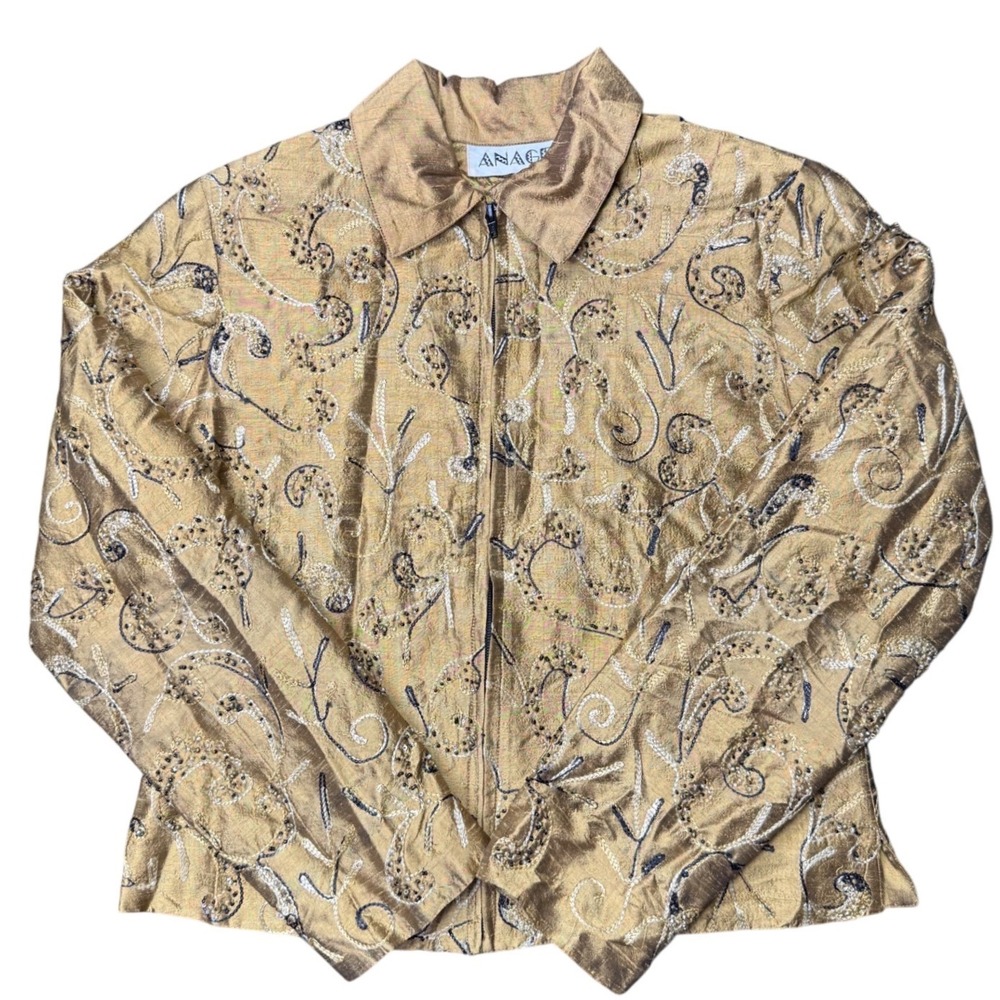 Anage Silk Embroidered Jacket Top‎ Womens Medium Gold Evening Blouse